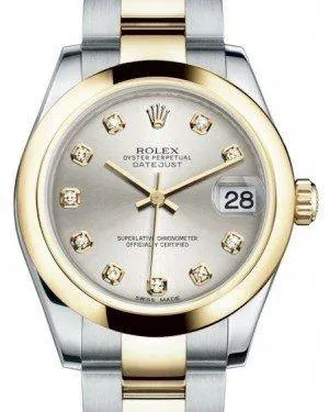 Rolex Datejust 31 Lady Midsize Yellow Gold/Steel Silver Diamond Dial & Smooth Domed Bezel Oyster Bracelet 178243