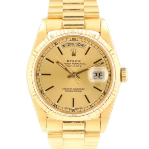 Rolex Day-Date 18238 36mm Champagne Index Dial Fluted Bezel President Band