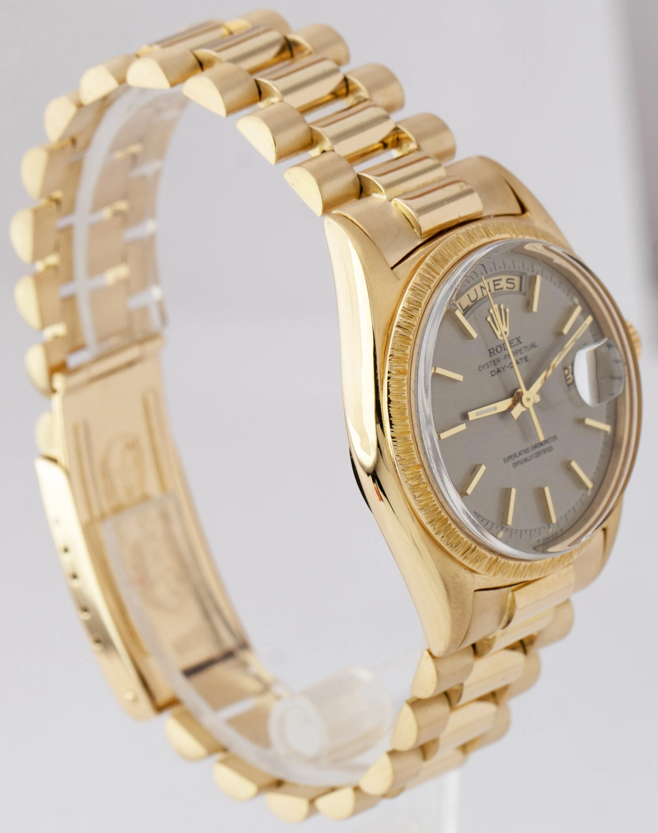 Rolex Day-Date President Gray Silver Pie Pan 18K Yellow Gold 36mm Watch 1807