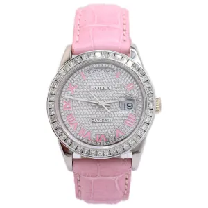 Rolex Ladies Day-Date White Gold 36mm Custom Pave Pink Roman Diamond Dial Watch Reference #: 18239