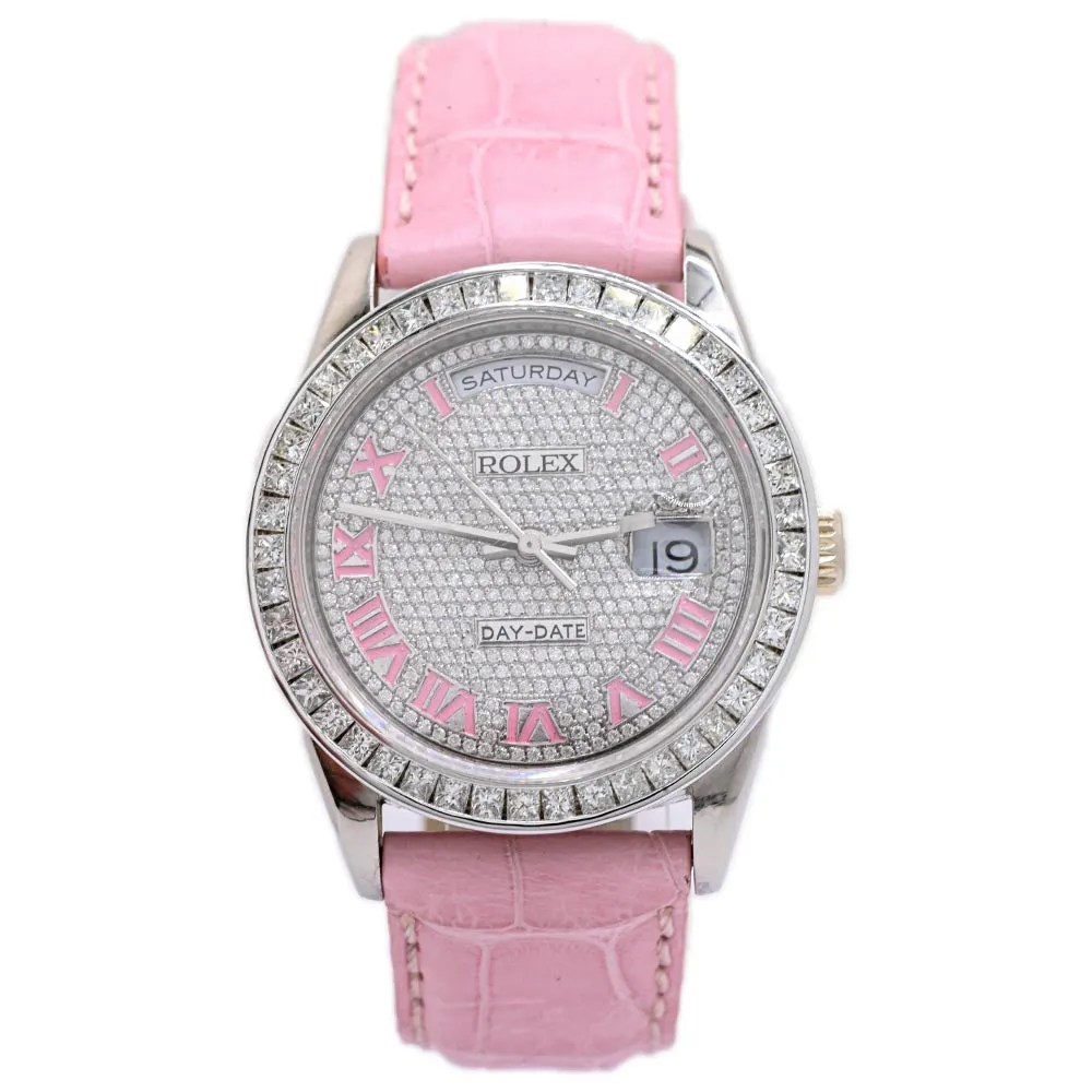 Rolex Ladies Day-Date White Gold 36mm Custom Pave Pink Roman Diamond Dial Watch Reference #: 18239