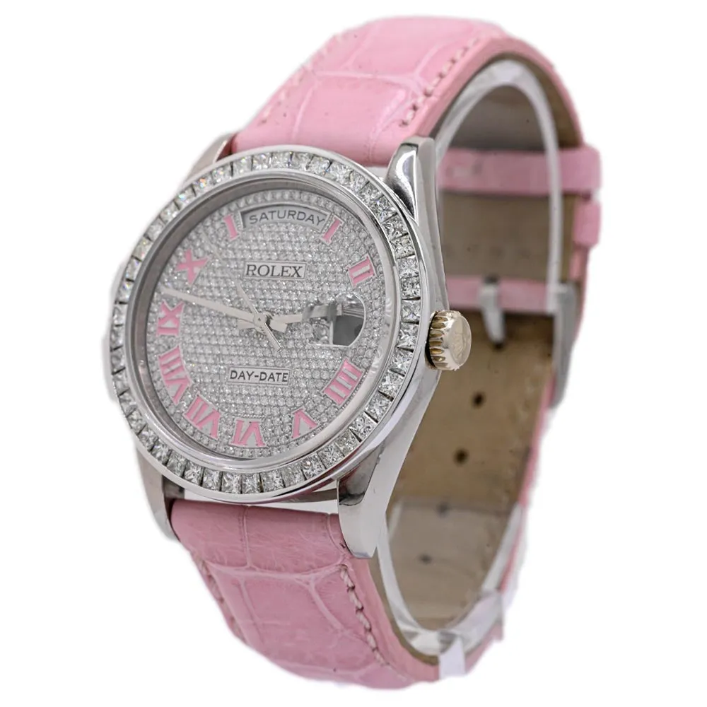 Rolex Ladies Day-Date White Gold 36mm Custom Pave Pink Roman Diamond Dial Watch Reference #: 18239