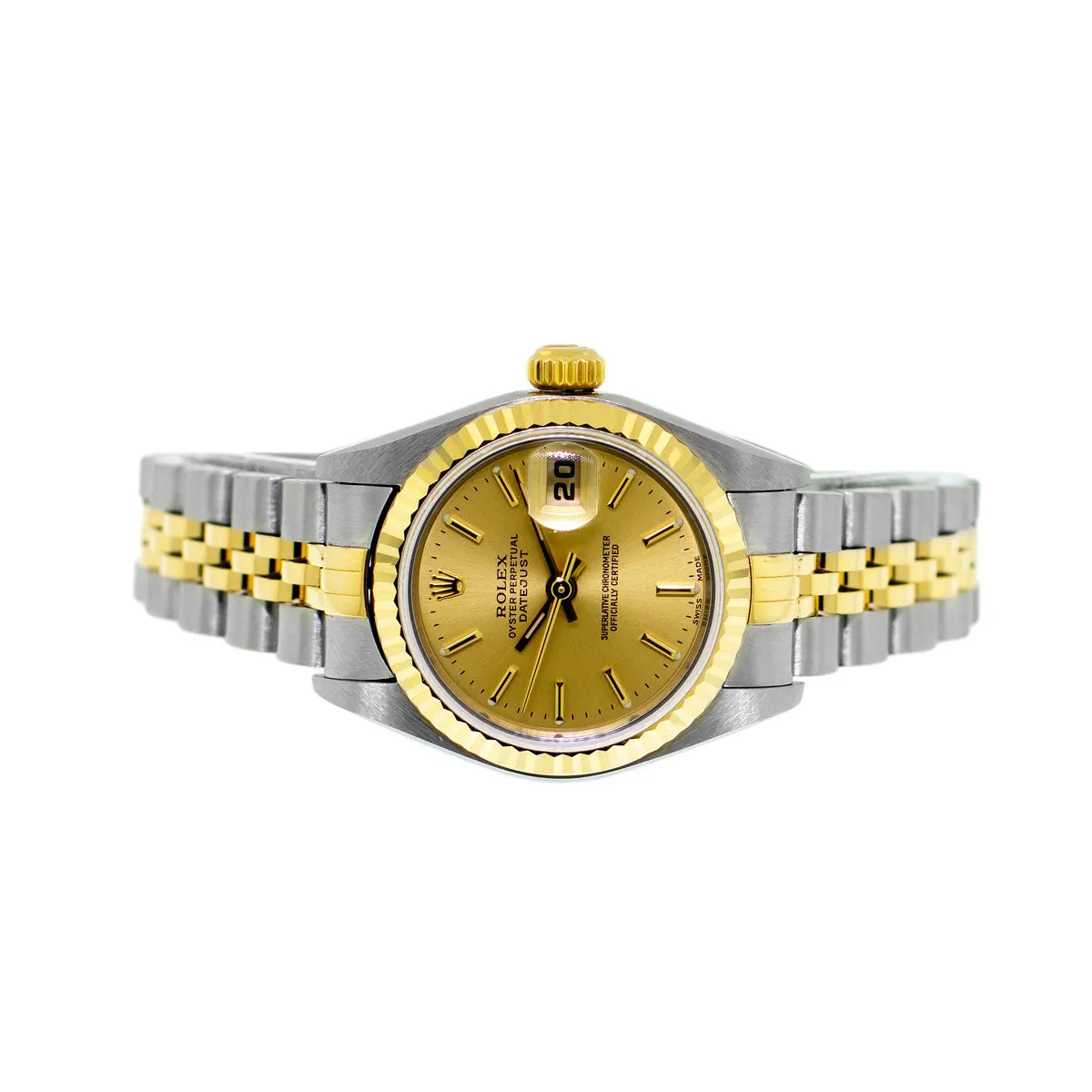 Rolex Lady-Datejust 26mm Yellow Gold & Steel Champagne Stick Dial Fluted Bezel 69173