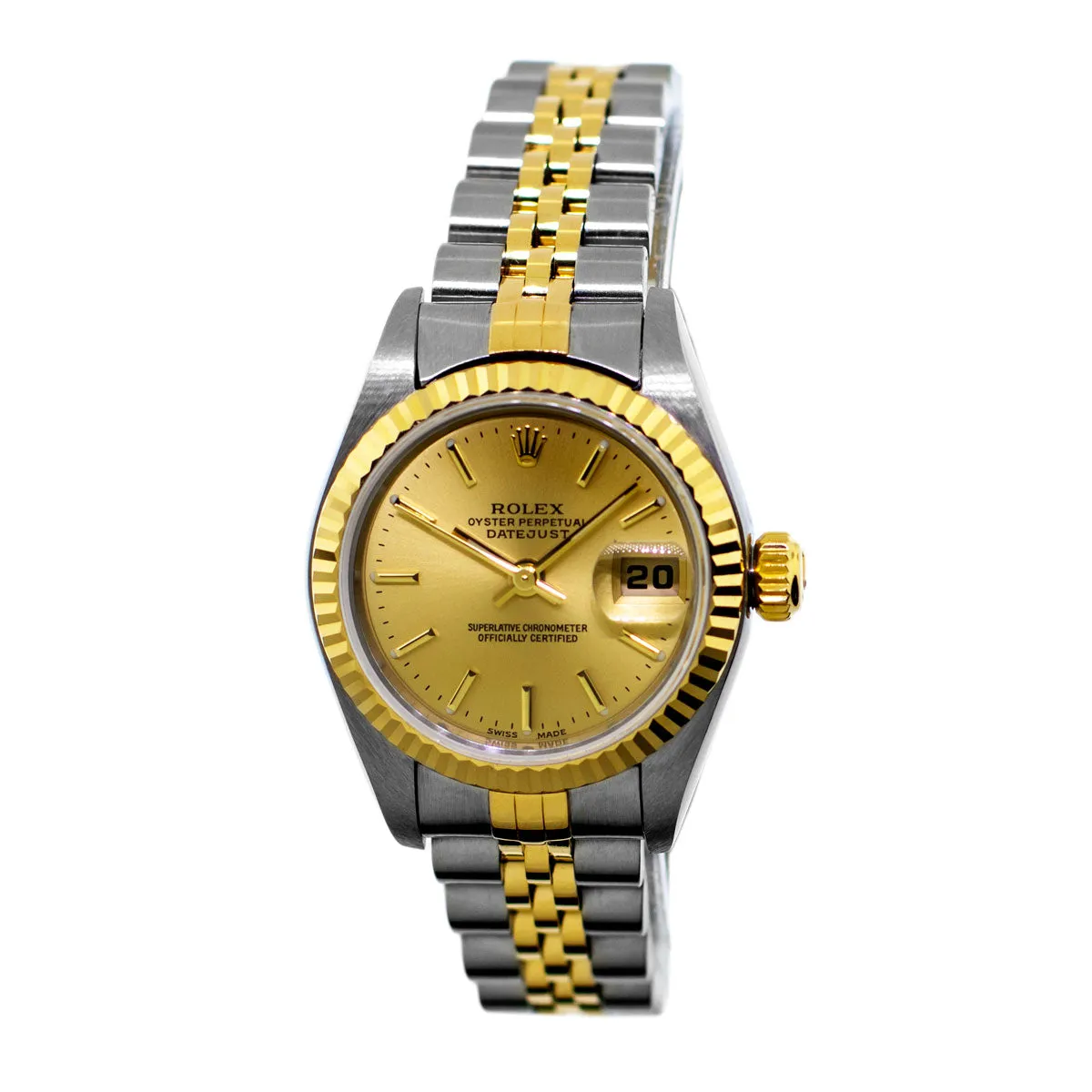 Rolex Lady-Datejust 26mm Yellow Gold & Steel Champagne Stick Dial Fluted Bezel 69173