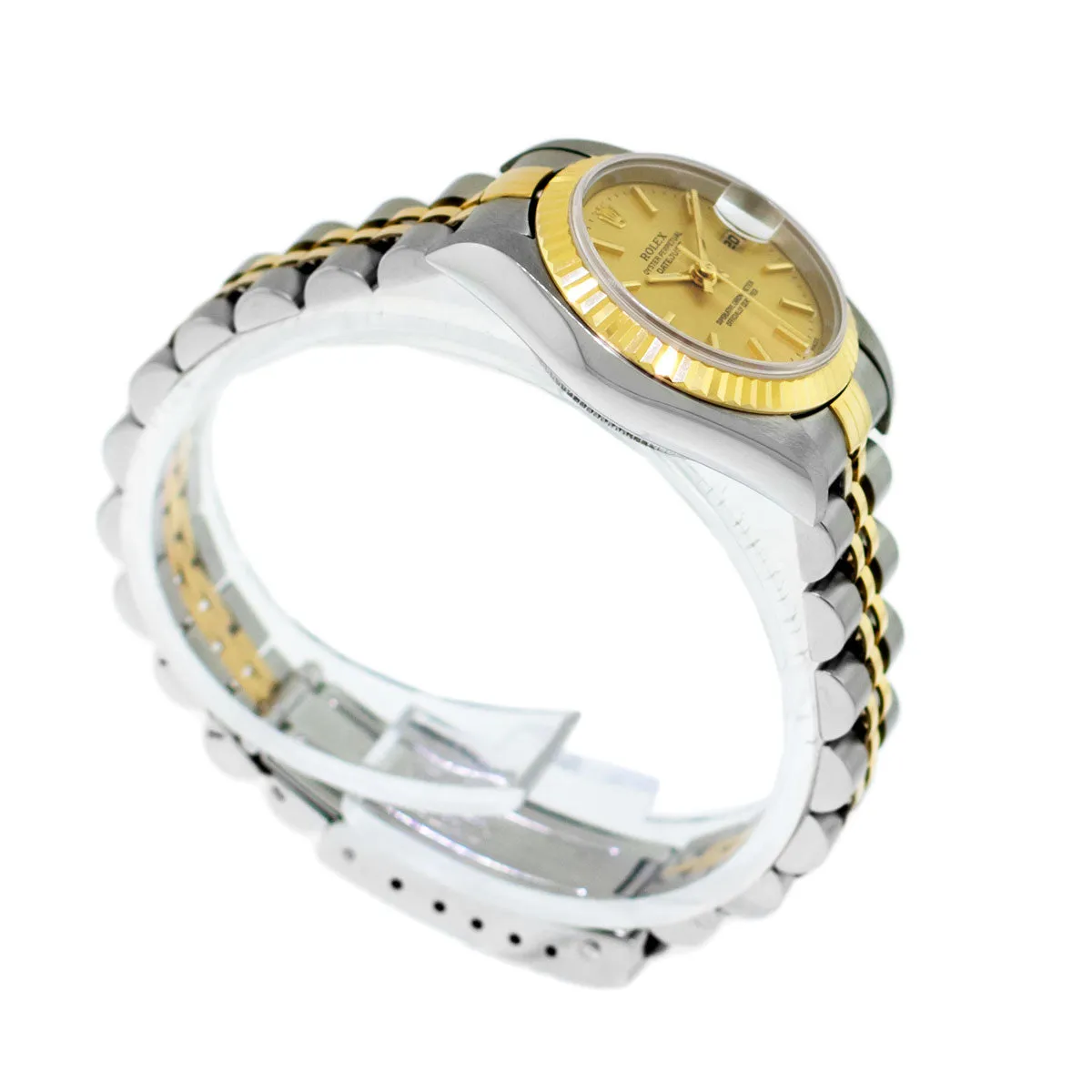 Rolex Lady-Datejust 26mm Yellow Gold & Steel Champagne Stick Dial Fluted Bezel 69173