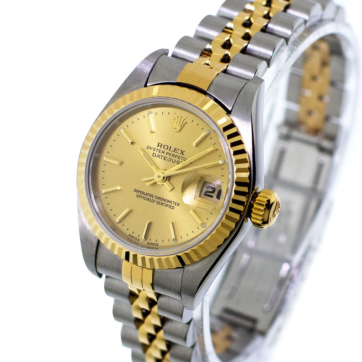 Rolex Lady-Datejust 26mm Yellow Gold & Steel Champagne Stick Dial Fluted Bezel 69173