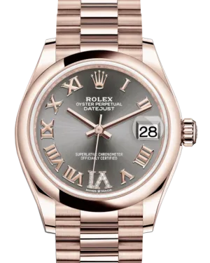 Rolex Lady-Datejust 31 Rose Gold Rhodium Roman Diamond VI Dial & Smooth Domed Bezel President Bracelet 278245