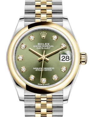 Rolex Lady-Datejust 31 Yellow Gold/Steel Olive Green Diamond Dial & Smooth Domed Bezel Jubilee Bracelet 278243 - New