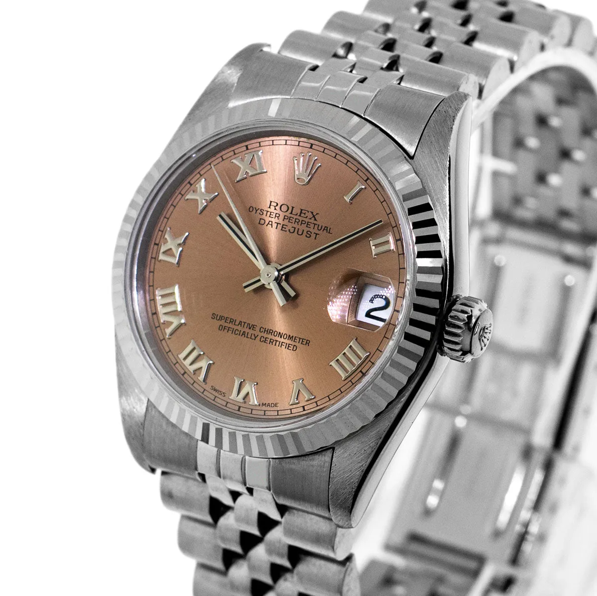 Rolex Lady-Datejust 31mm White Gold and Steel Salmon Roman Dial & Fluted Bezel 68274