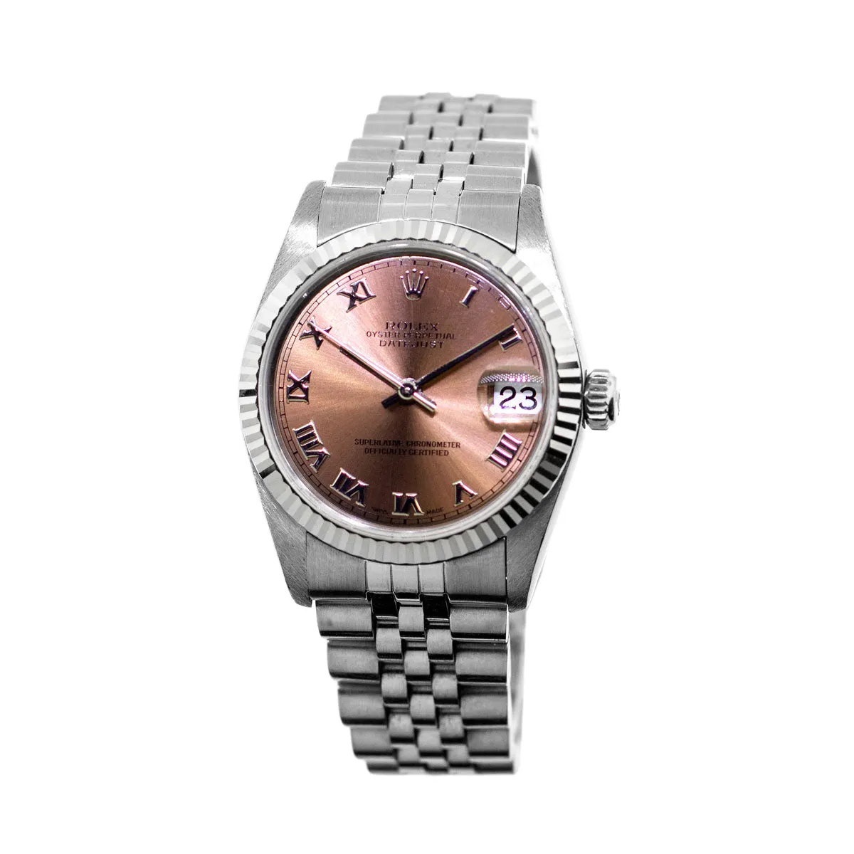 Rolex Lady-Datejust 31mm White Gold and Steel Salmon Roman Dial & Fluted Bezel 68274