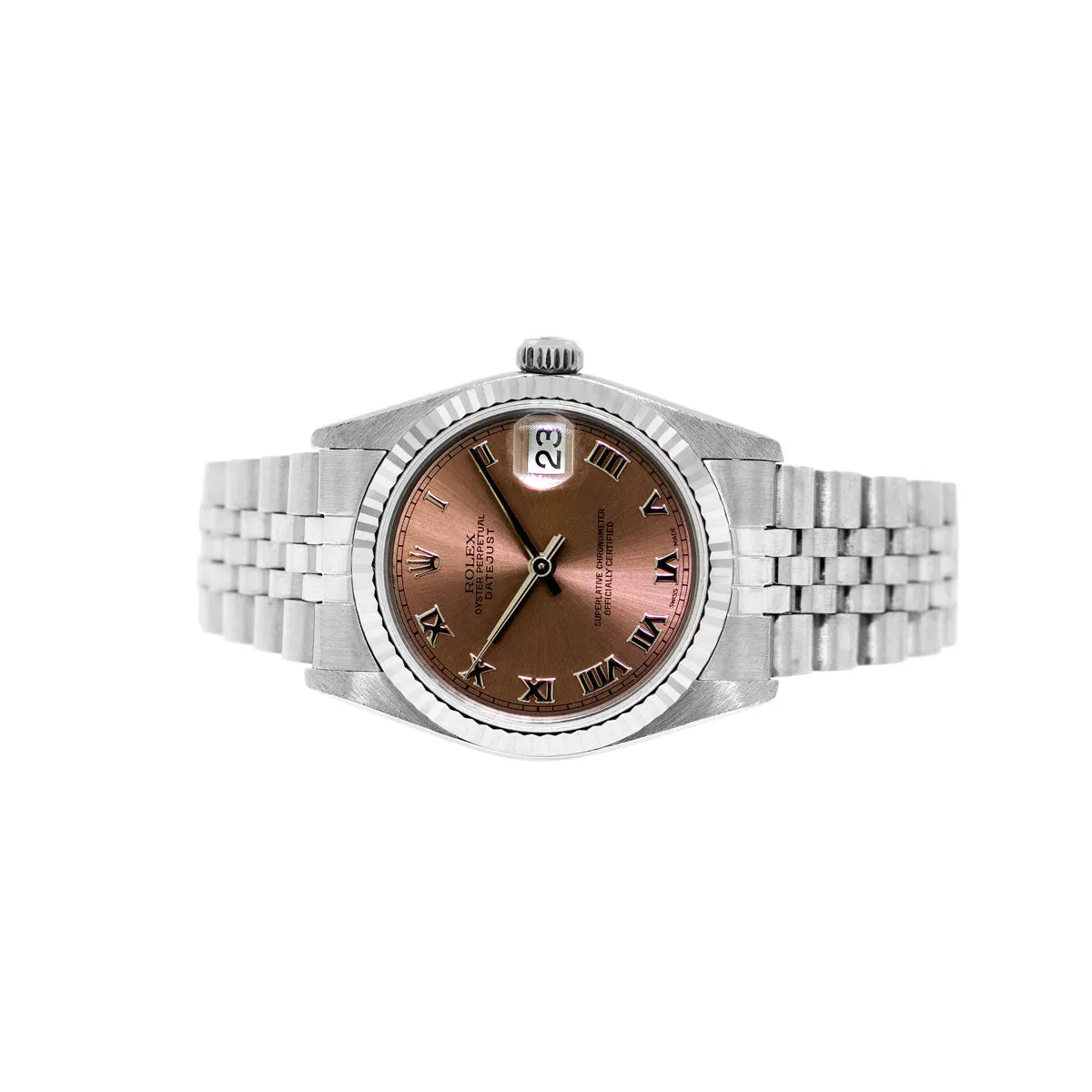 Rolex Lady-Datejust 31mm White Gold and Steel Salmon Roman Dial & Fluted Bezel 68274