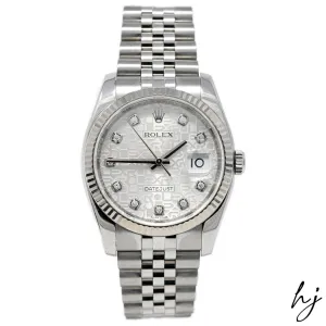 Rolex Men's Datejust Stainless Steel 36mm Silver "Jubilee Design" Diamond Dot Dial Watch Reference #: 116234