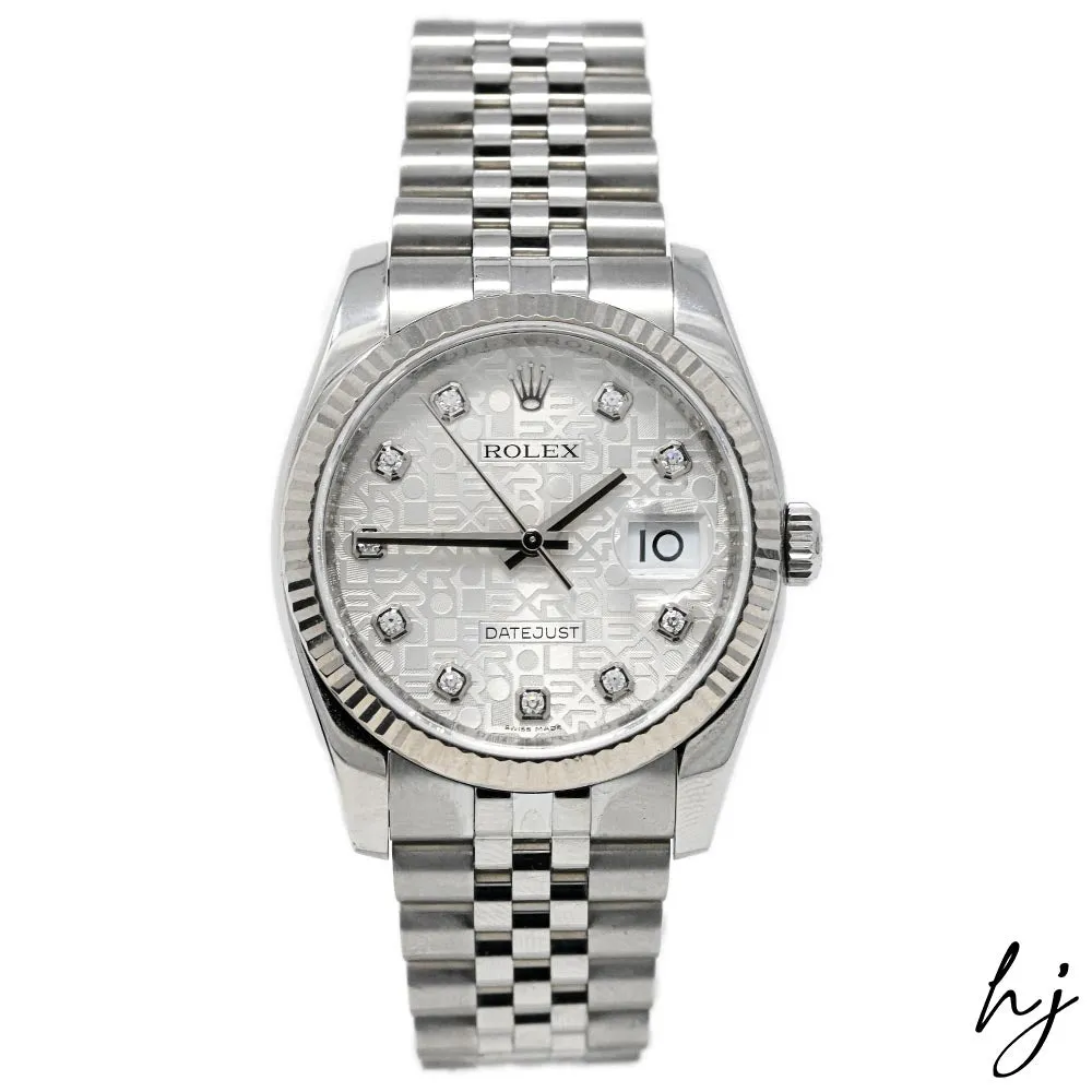 Rolex Men's Datejust Stainless Steel 36mm Silver "Jubilee Design" Diamond Dot Dial Watch Reference #: 116234