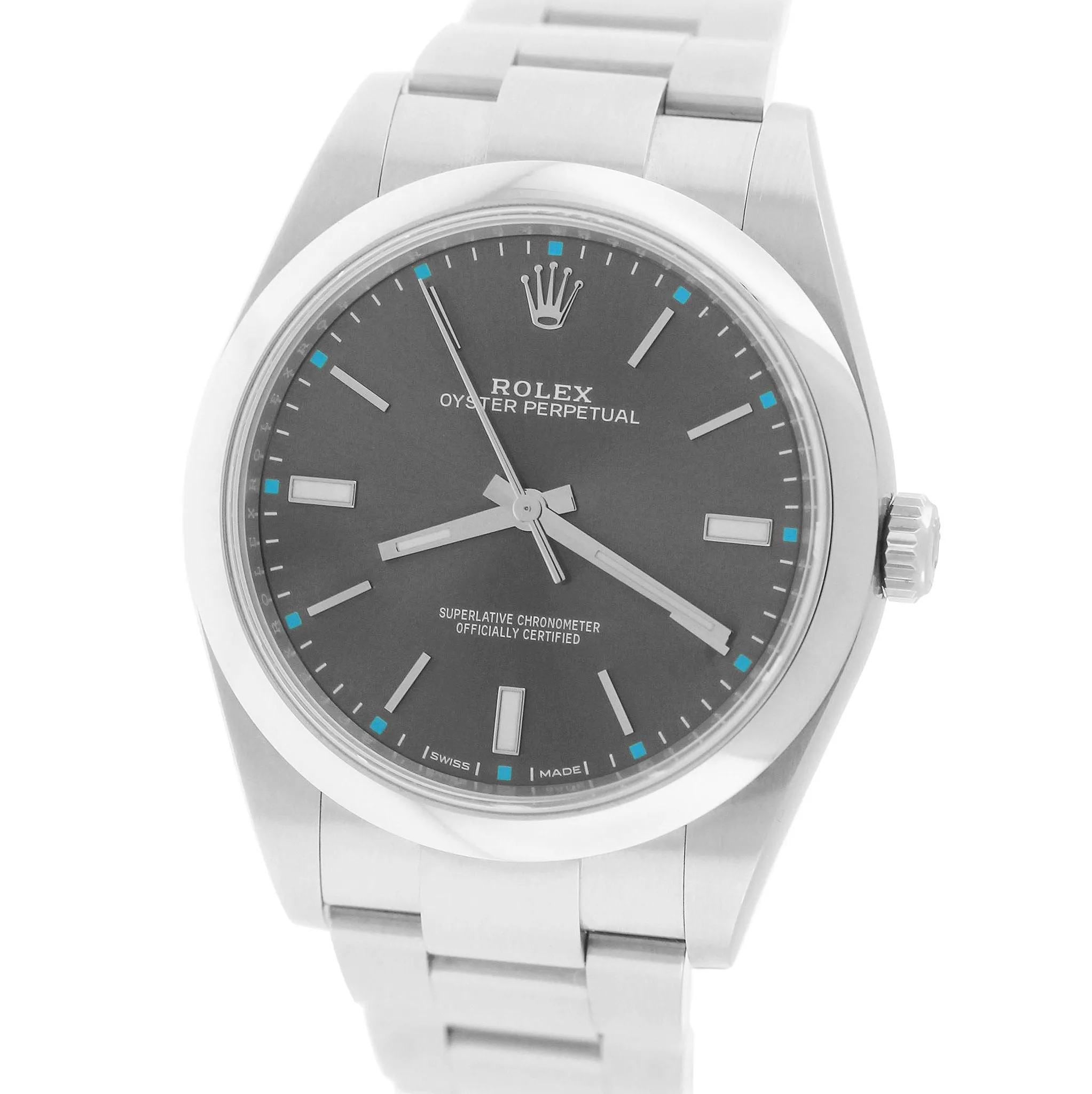 Rolex Oyster Perpetual 39mm Dark Rhodium Gray Blue Stainless Steel 114300 Watch