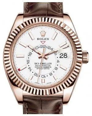 Rolex Sky-Dweller Rose Gold White Index Dial Fluted Bezel Leather Strap 326135