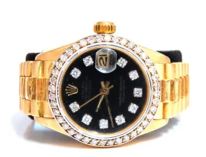 Rolex Vintage Black Face DateJust Ladies 18kt Watch Diamond Dial Superlative
