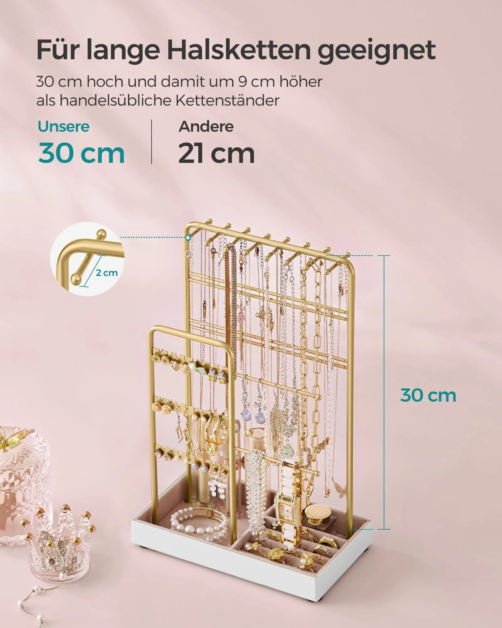 Rootz Jewelry Stand - Earring Holder - Necklace Organizer - Metal Frame - Velvet Lining - 11.5cm x 19.6cm x 30.8cm