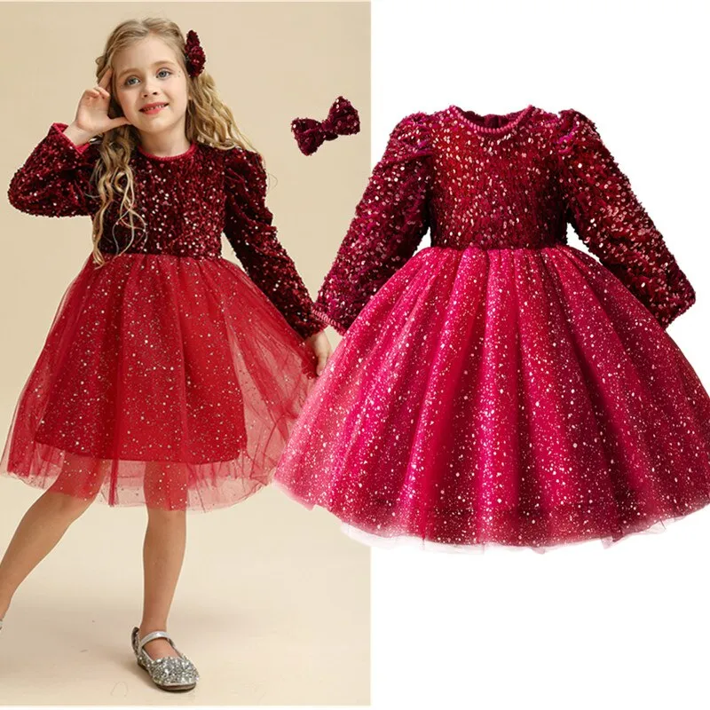 Shining in Red: Girl's Long Sleeve Sequin Dresses for Autumn/Winter Birthday Parties