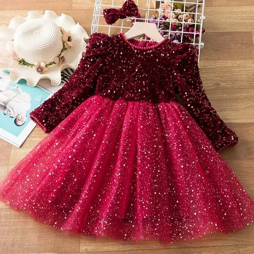 Shining in Red: Girl's Long Sleeve Sequin Dresses for Autumn/Winter Birthday Parties