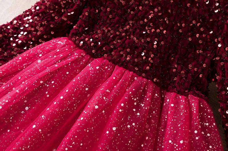Shining in Red: Girl's Long Sleeve Sequin Dresses for Autumn/Winter Birthday Parties