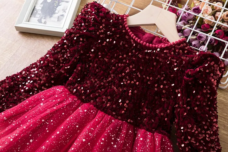 Shining in Red: Girl's Long Sleeve Sequin Dresses for Autumn/Winter Birthday Parties