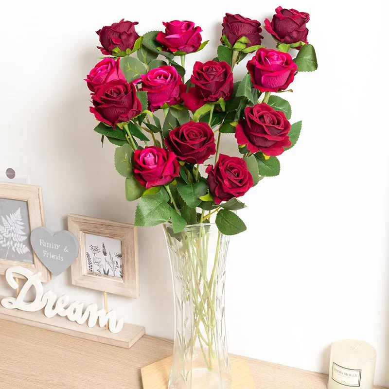 Silk Artificial Rose Flower Long Branch Bouquet - Set of 5 for Weddings and Home Decor