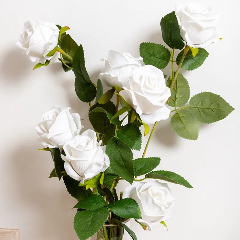 Silk Artificial Rose Flower Long Branch Bouquet - Set of 5 for Weddings and Home Decor