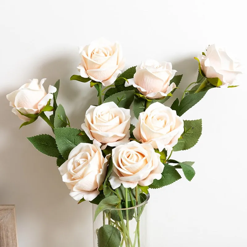 Silk Artificial Rose Flower Long Branch Bouquet - Set of 5 for Weddings and Home Decor
