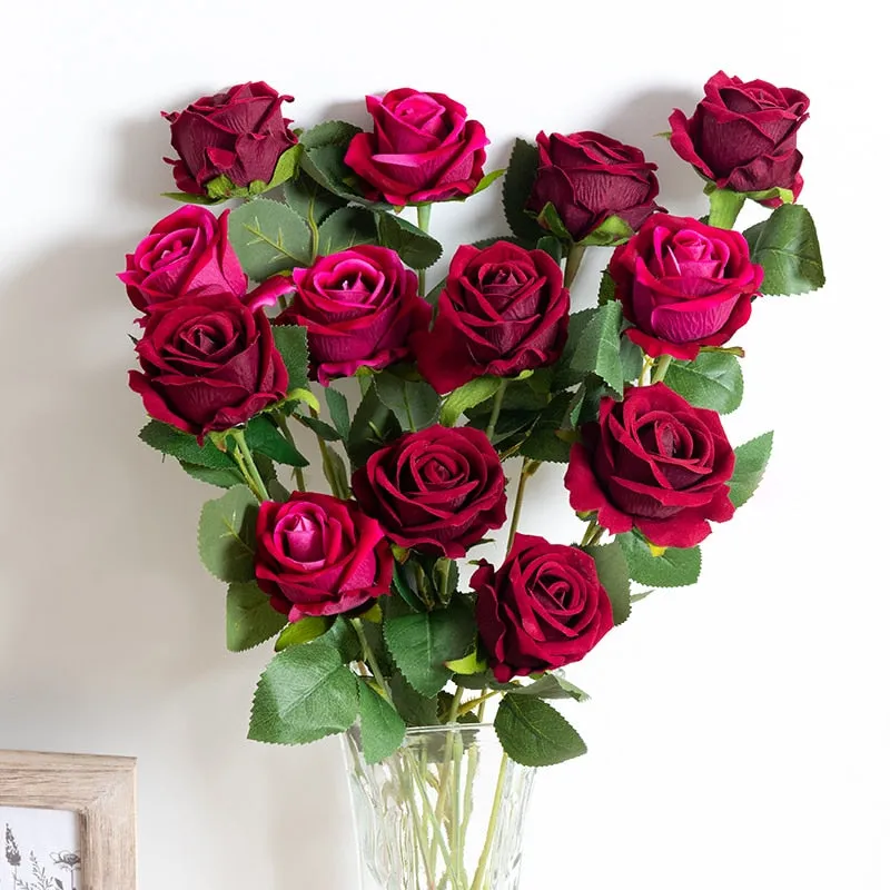 Silk Artificial Rose Flower Long Branch Bouquet - Set of 5 for Weddings and Home Decor