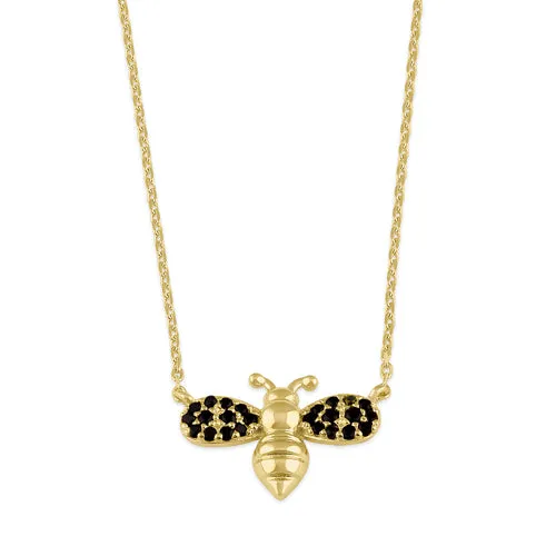 Solid 14K Gold Black CZ Bee Necklace