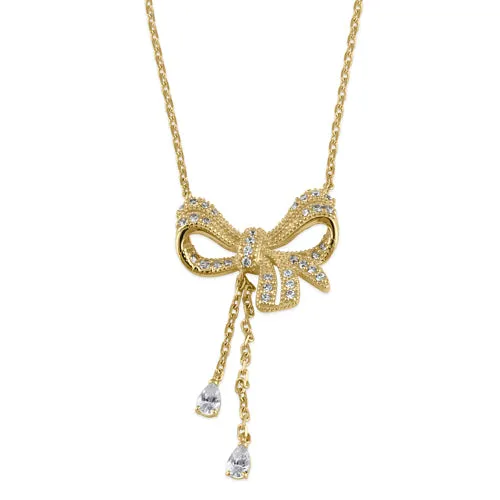 Solid 14K Gold Elegant Bow and Dangle CZ Necklace