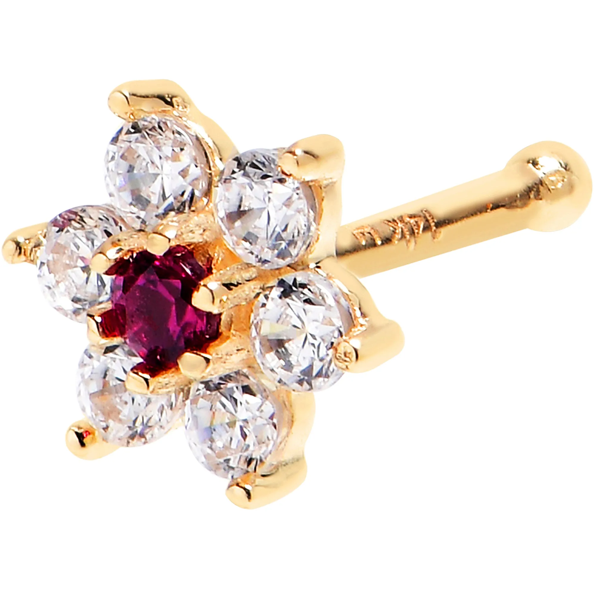 Solid 14KT Yellow GOLD Fuchsia AND Crystalline CZ FLOWER Nose Stud