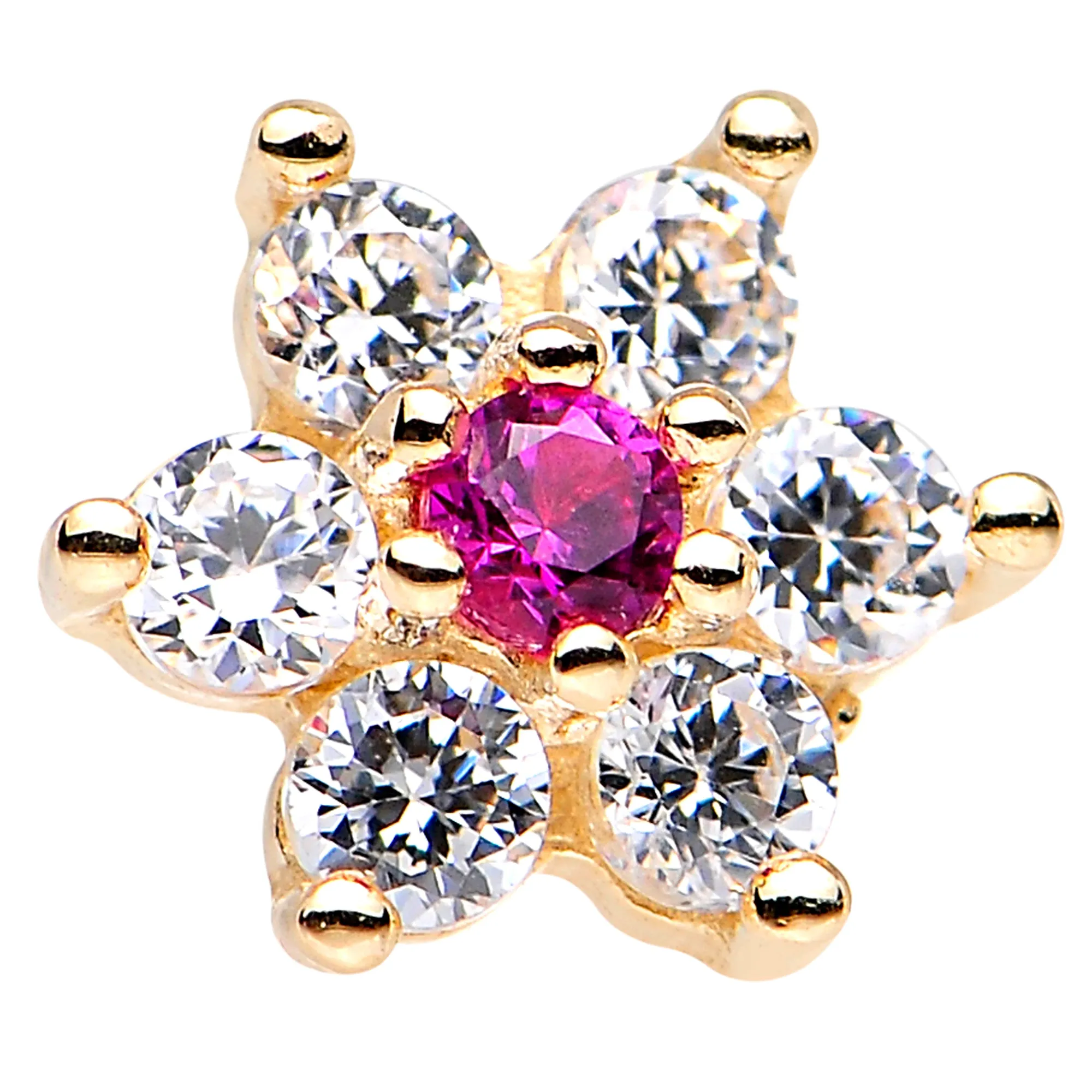 Solid 14KT Yellow GOLD Fuchsia AND Crystalline CZ FLOWER Nose Stud