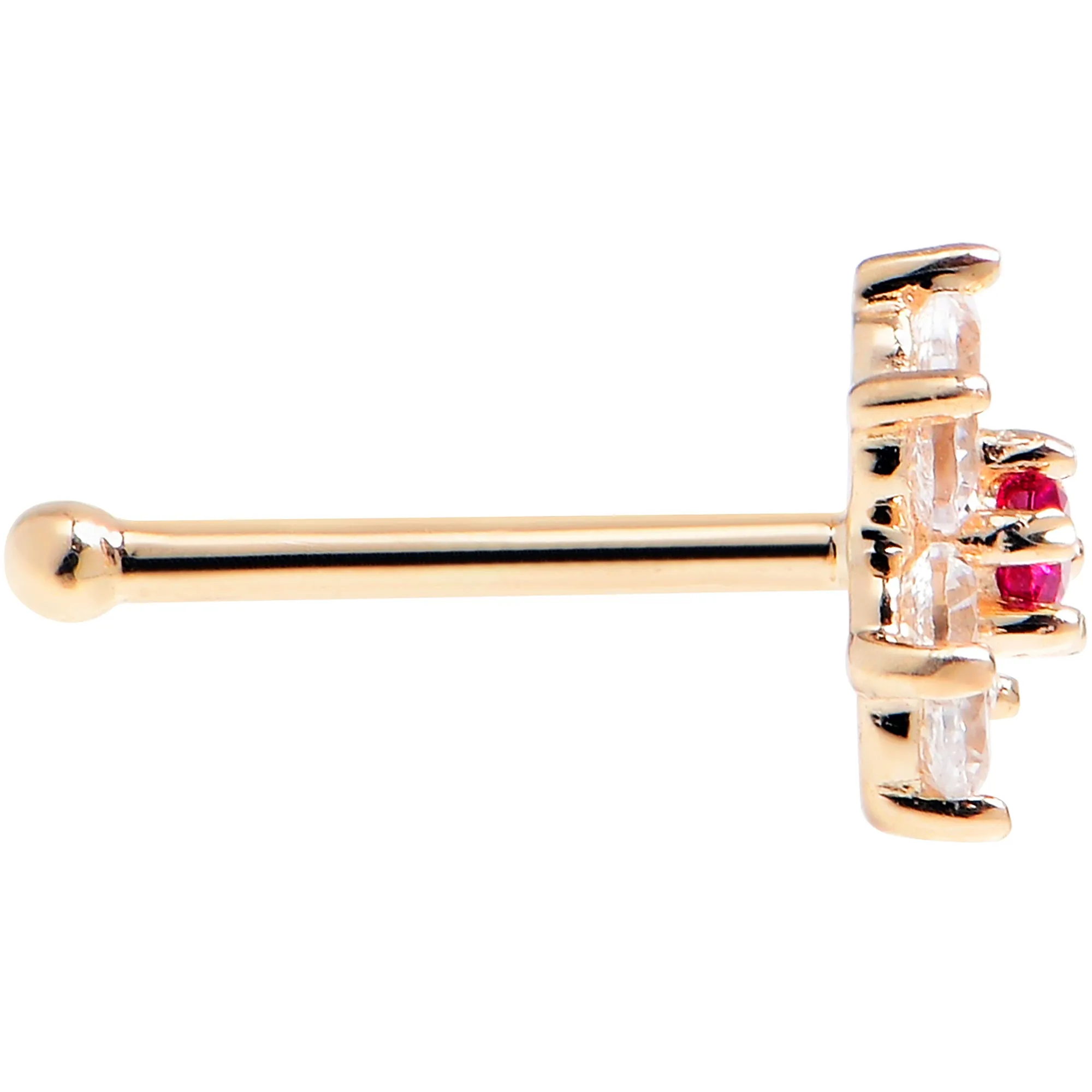 Solid 14KT Yellow GOLD Fuchsia AND Crystalline CZ FLOWER Nose Stud