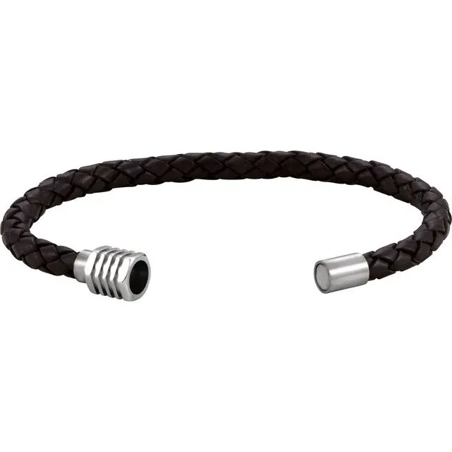 Stainless Steel & Black Braided Leather 9" Bracelet with Magnetic Clasp