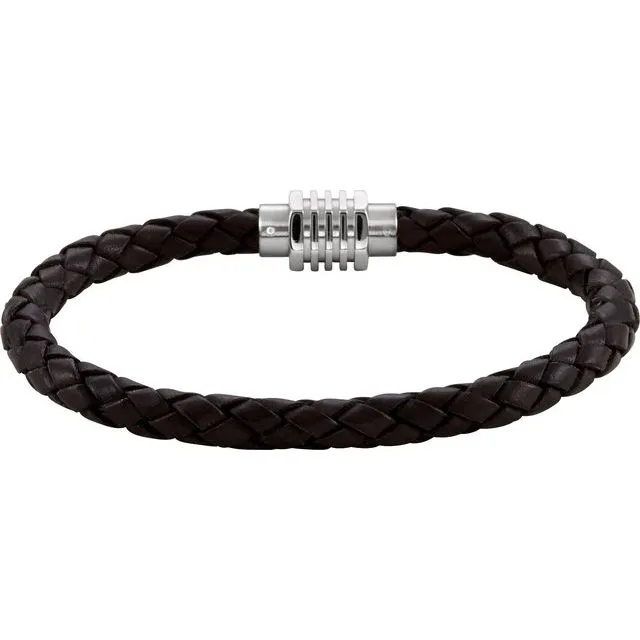 Stainless Steel & Black Braided Leather 9" Bracelet with Magnetic Clasp