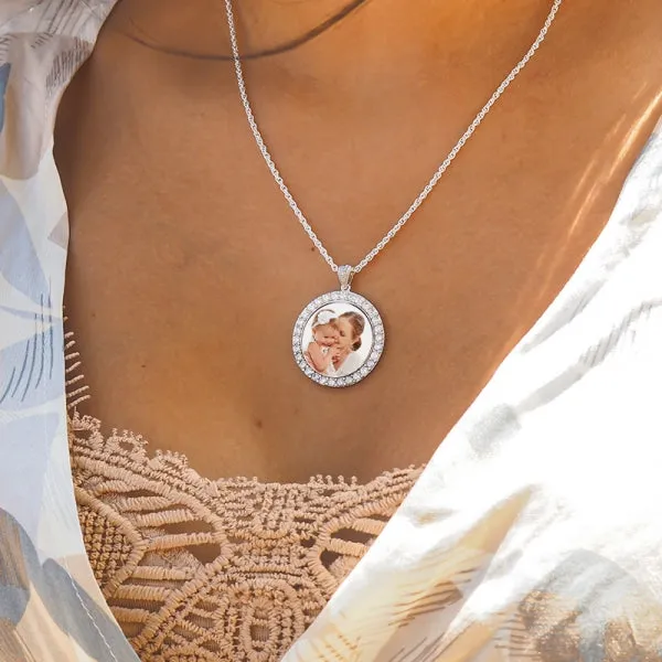 Sterling Silver & CZ Premium Round Photo Pendant Jewelry