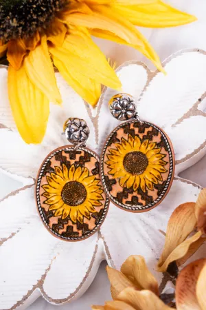 Sunflower Oval Faux Leather Silvertone Earrings
