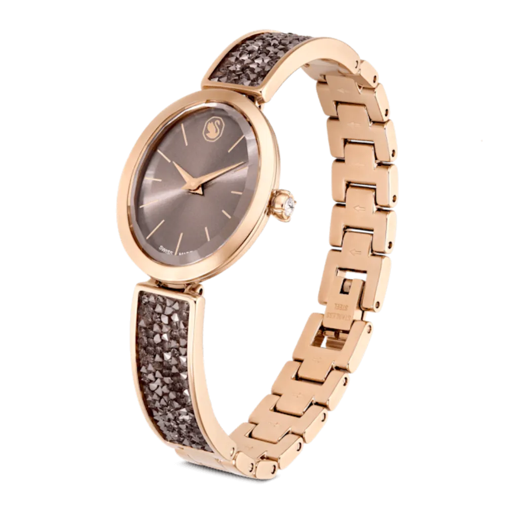 Swarovski Crystal Rock Oval watch Swiss Made, Metal bracelet, Black, Rose gold-tone finish