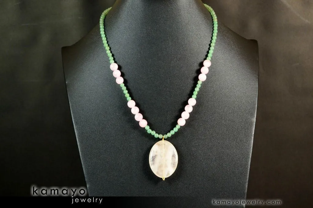 TAURUS NECKLACE - Large Rose Quartz Pendant and Green Aventurine Beads
