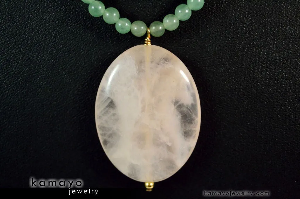 TAURUS NECKLACE - Large Rose Quartz Pendant and Green Aventurine Beads