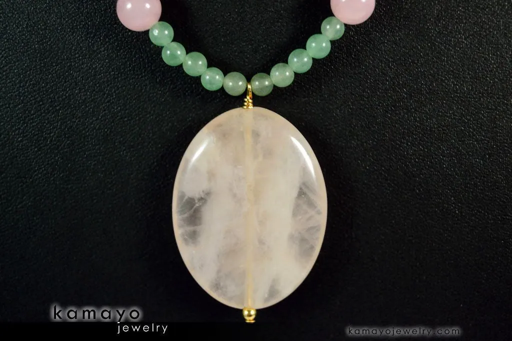 TAURUS NECKLACE - Large Rose Quartz Pendant and Green Aventurine Beads