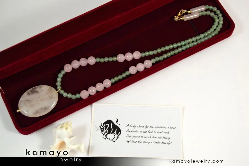 TAURUS NECKLACE - Large Rose Quartz Pendant and Green Aventurine Beads