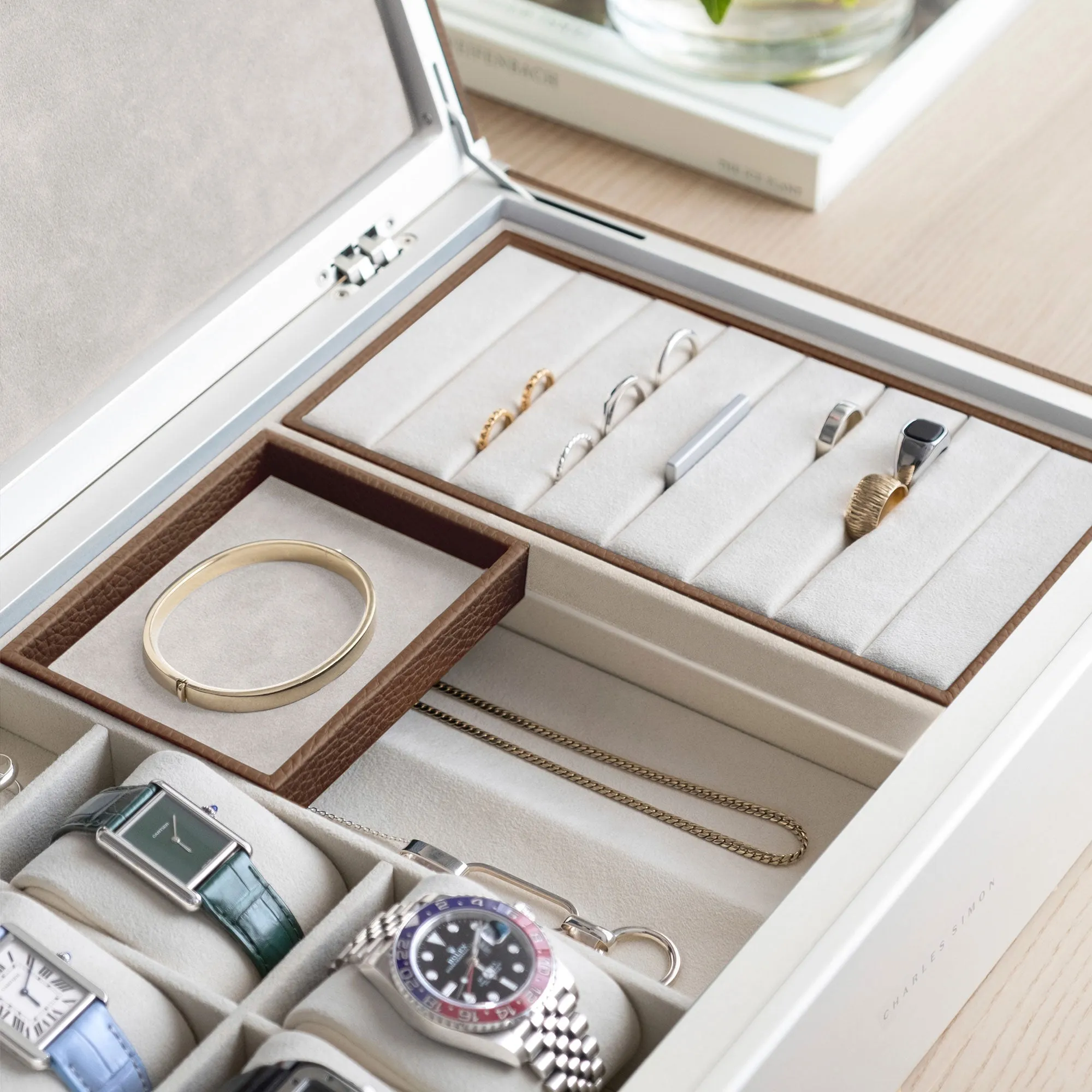 TAYLOR 4 WATCH AND JEWELRY BOX - TAN / GREY
