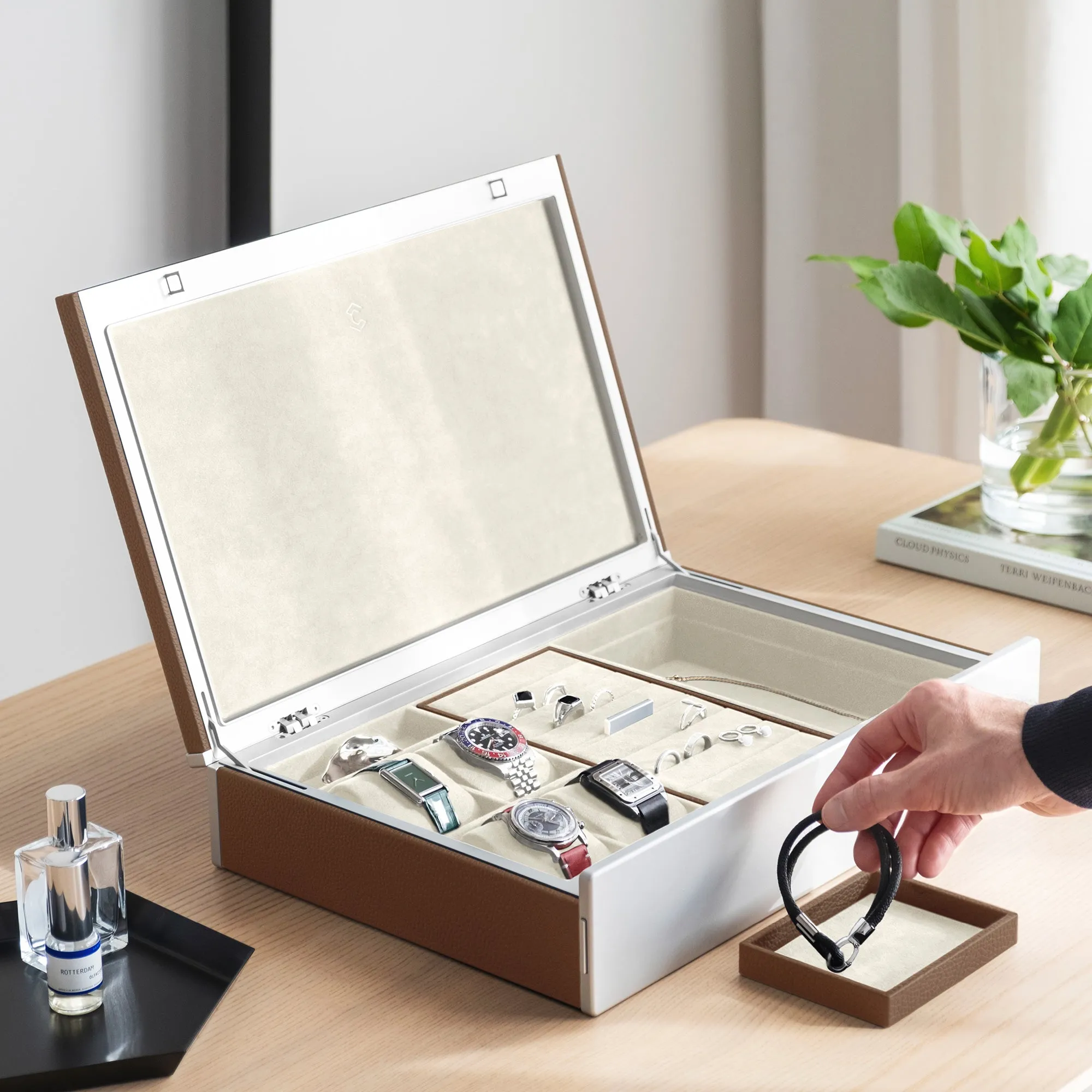 TAYLOR 4 WATCH AND JEWELRY BOX - TAN / GREY