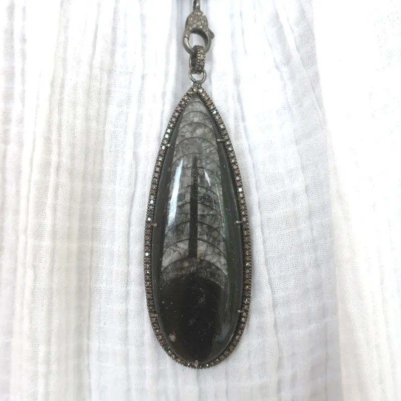The Woods Beaded Fossil Pendant Necklace on Leather Black
