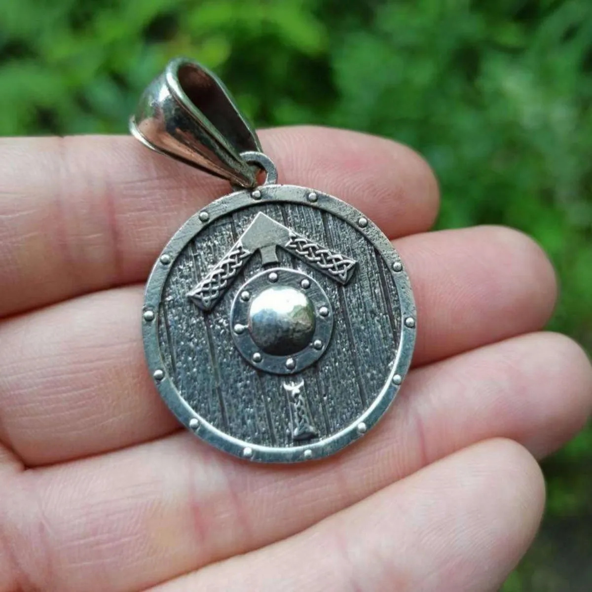 Tiwaz rune on viking shield silver pendant