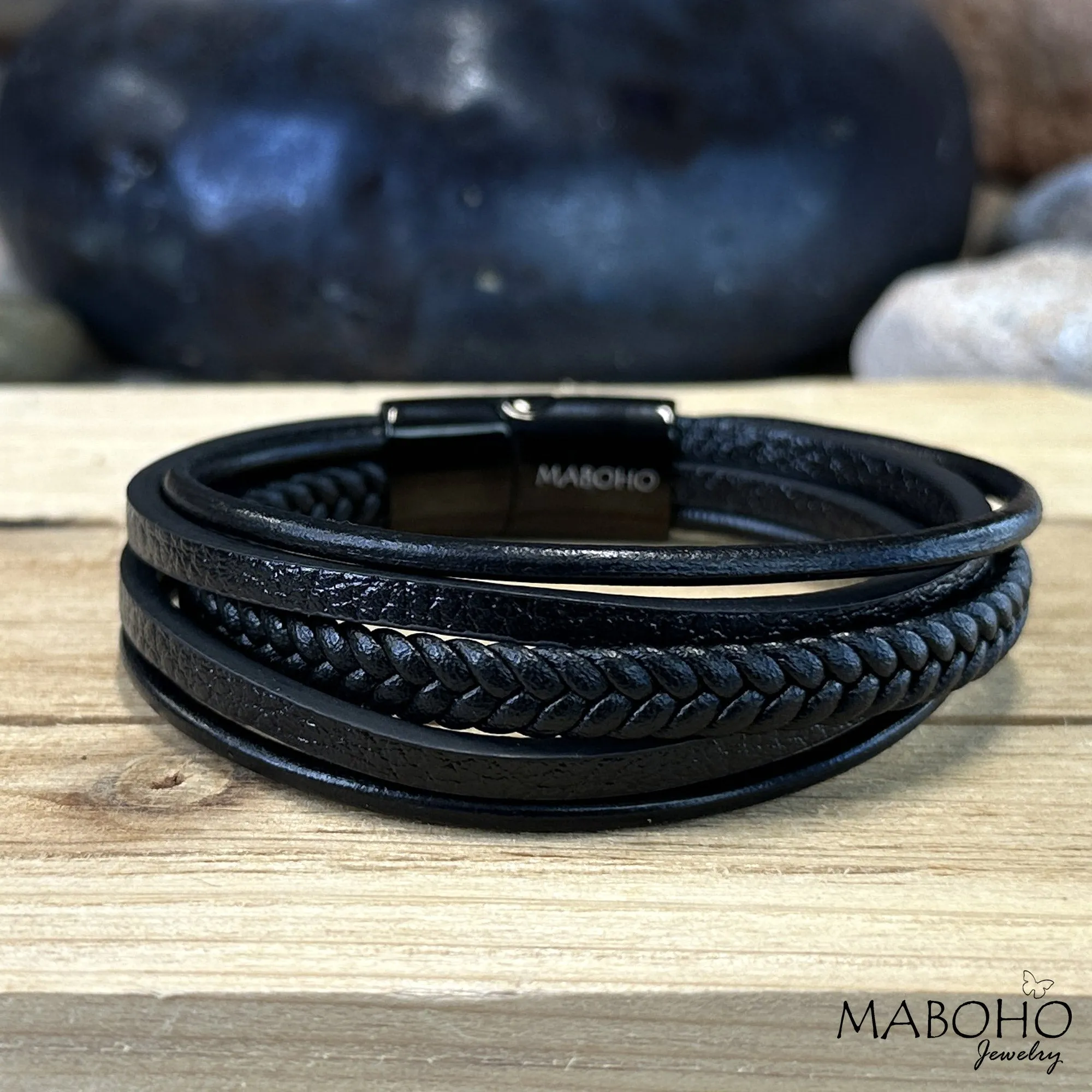 Unisex 5 Layer Genuine Black Leather Bracelet