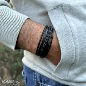 Unisex 5 Layer Genuine Black Leather Bracelet
