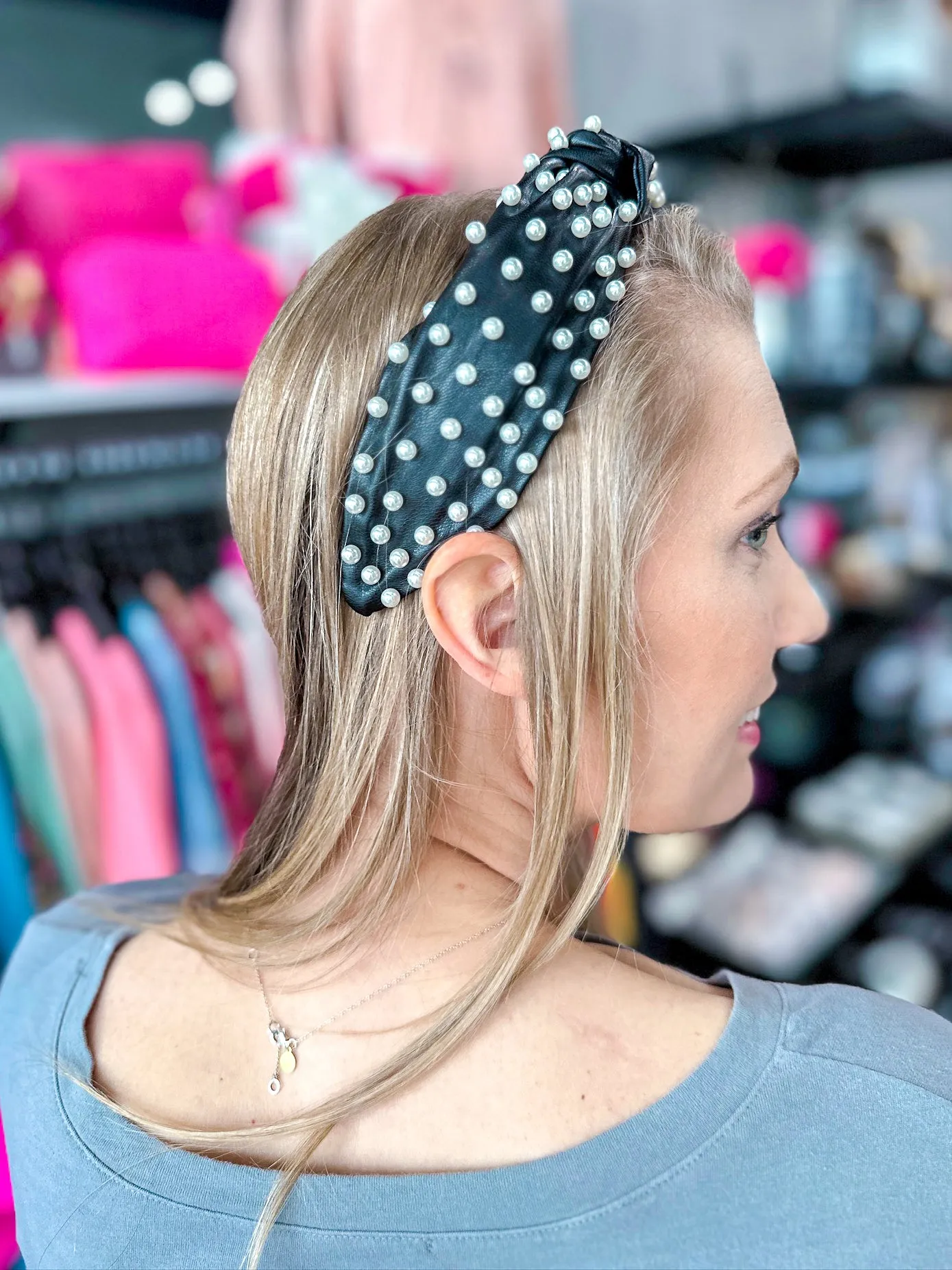 Vegan Leather Knot Headband with Pearls